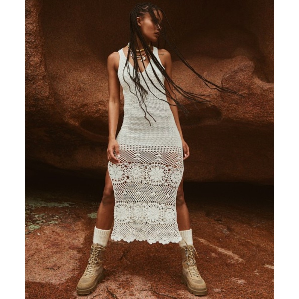 Spell & The Gypsy Let The Sunshine In Crochet Maxi Dress Cream Boho V-Neck M